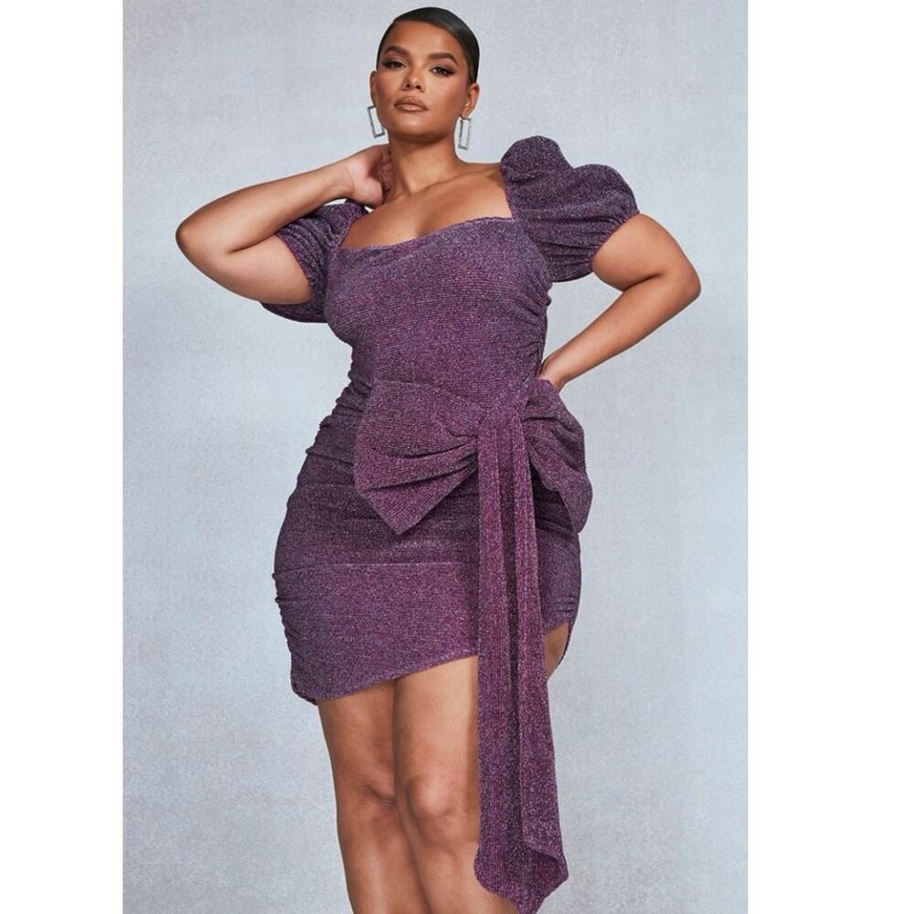 PrettyLittleThing Purple Metallic Sparkly Bow Tie Puff Sleeve Mini Dress Size 16